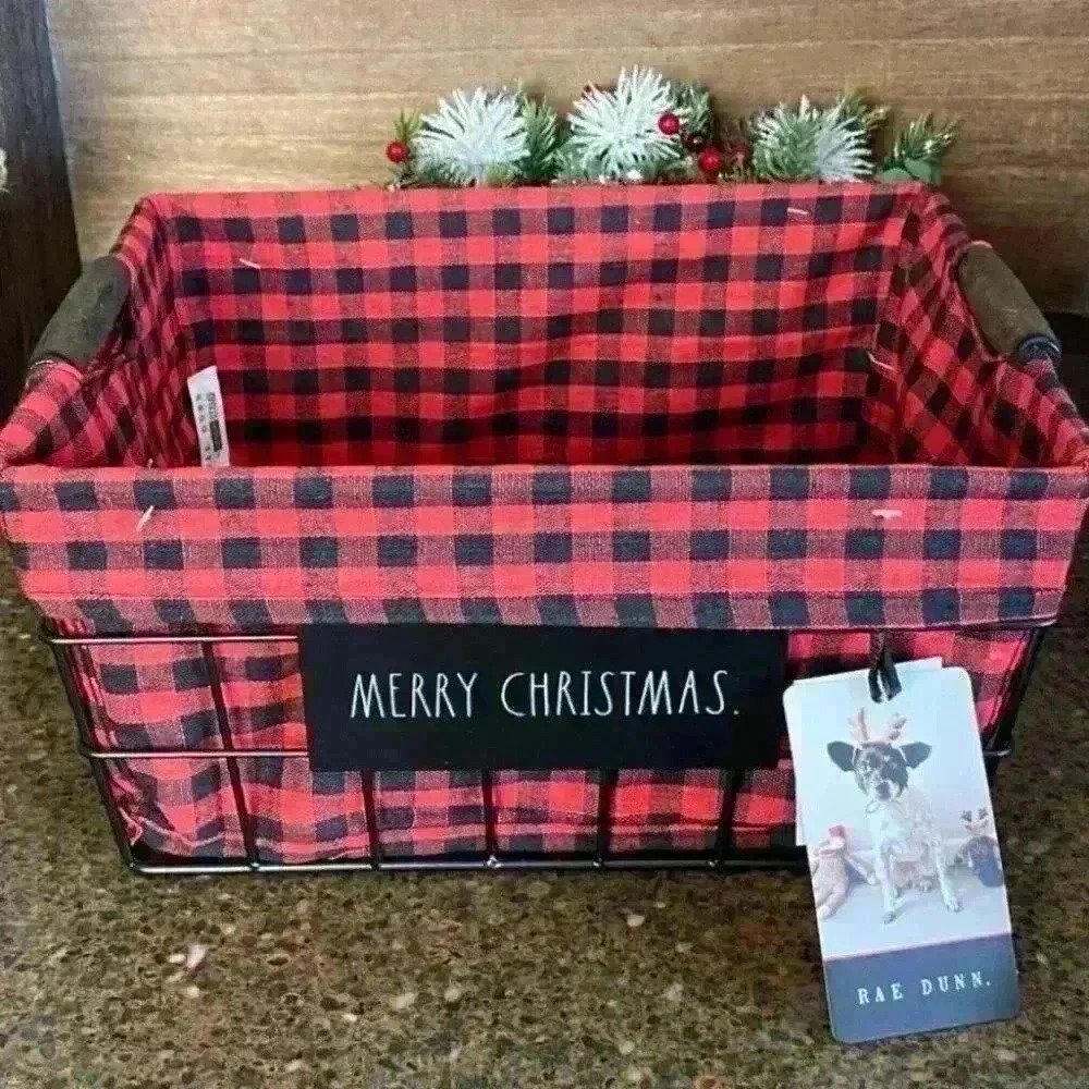 NEW Rae Dunn - MERRY CHRISTMAS - buffalo checked black wire basket - So Cute!
